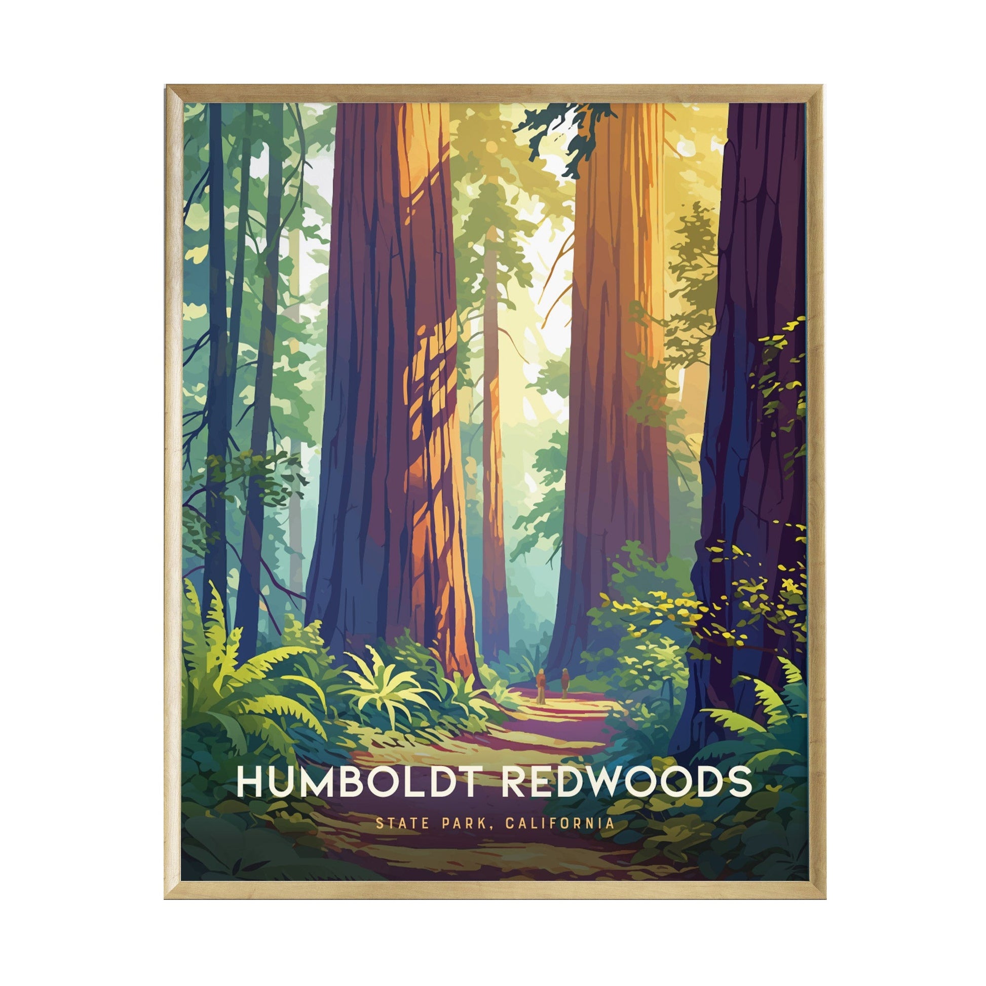 A vibrant poster featuring a serene forest scene from Humboldt Redwoods State Park, showcasing towering coast redwoods bathed in warm light, with lush ferns lining a peaceful pathway.