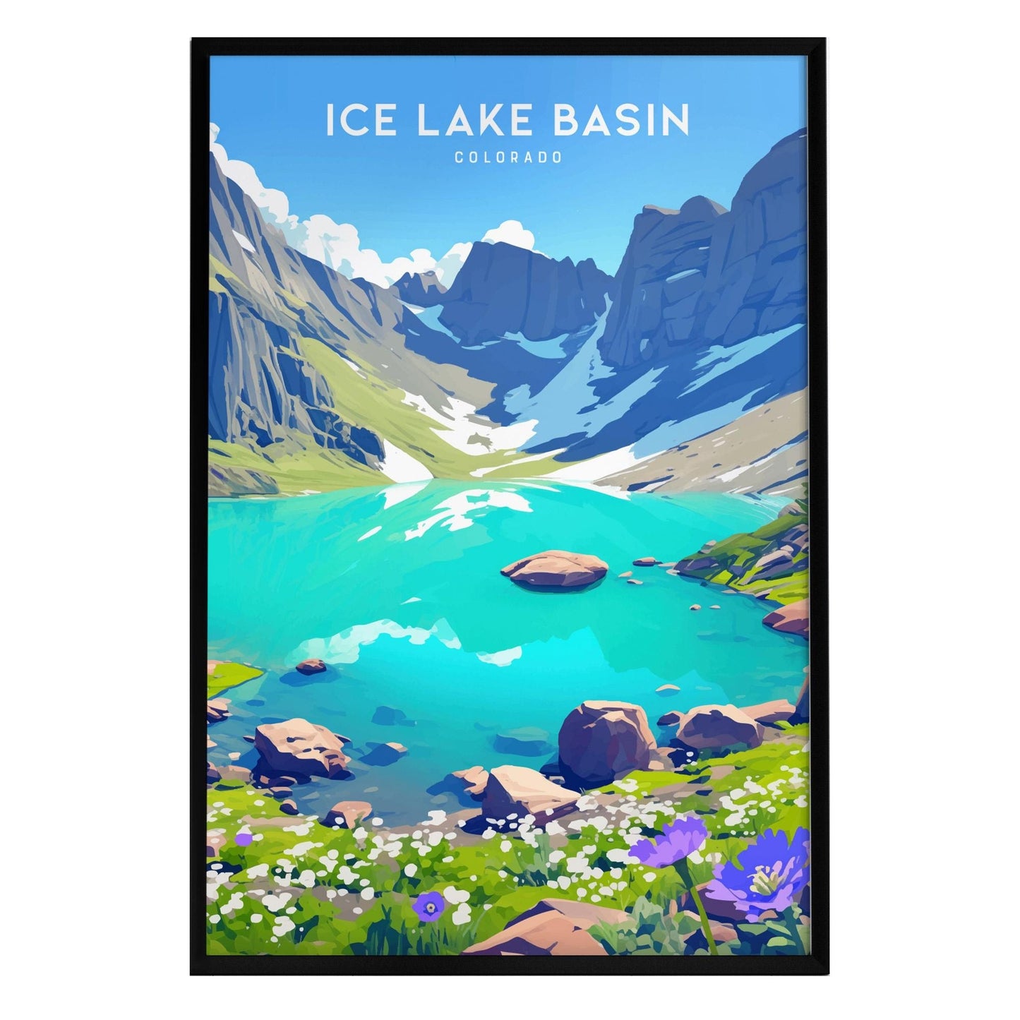 A vibrant illustration of Ice Lake Basin in Colorado showcases electric blue water surrounded by rugged peaks and lush wildflower meadows.