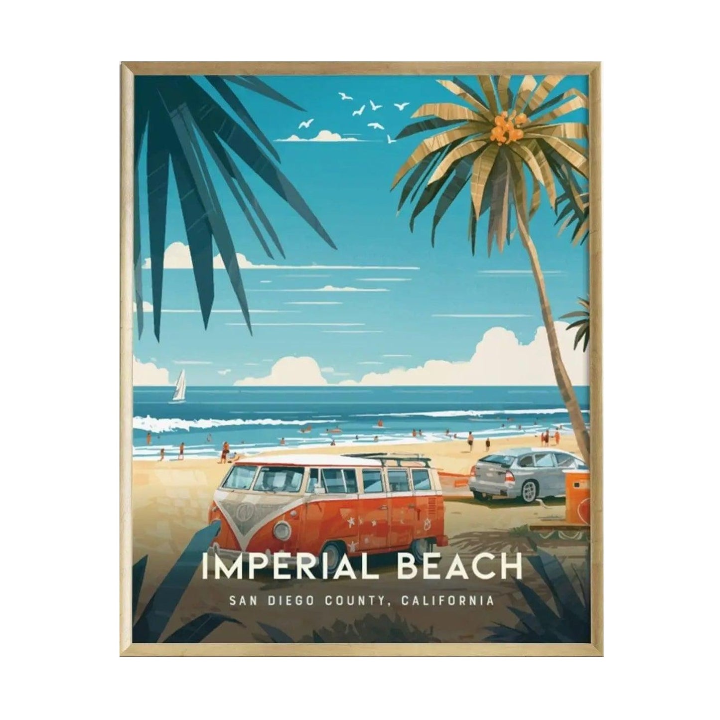 A vibrant illustration of Imperial Beach, California, featuring a vintage red Volkswagen van parked on the sandy shore. Palm trees frame the scene, with beachgoers enjoying the sun and waves under a bright blue sky.