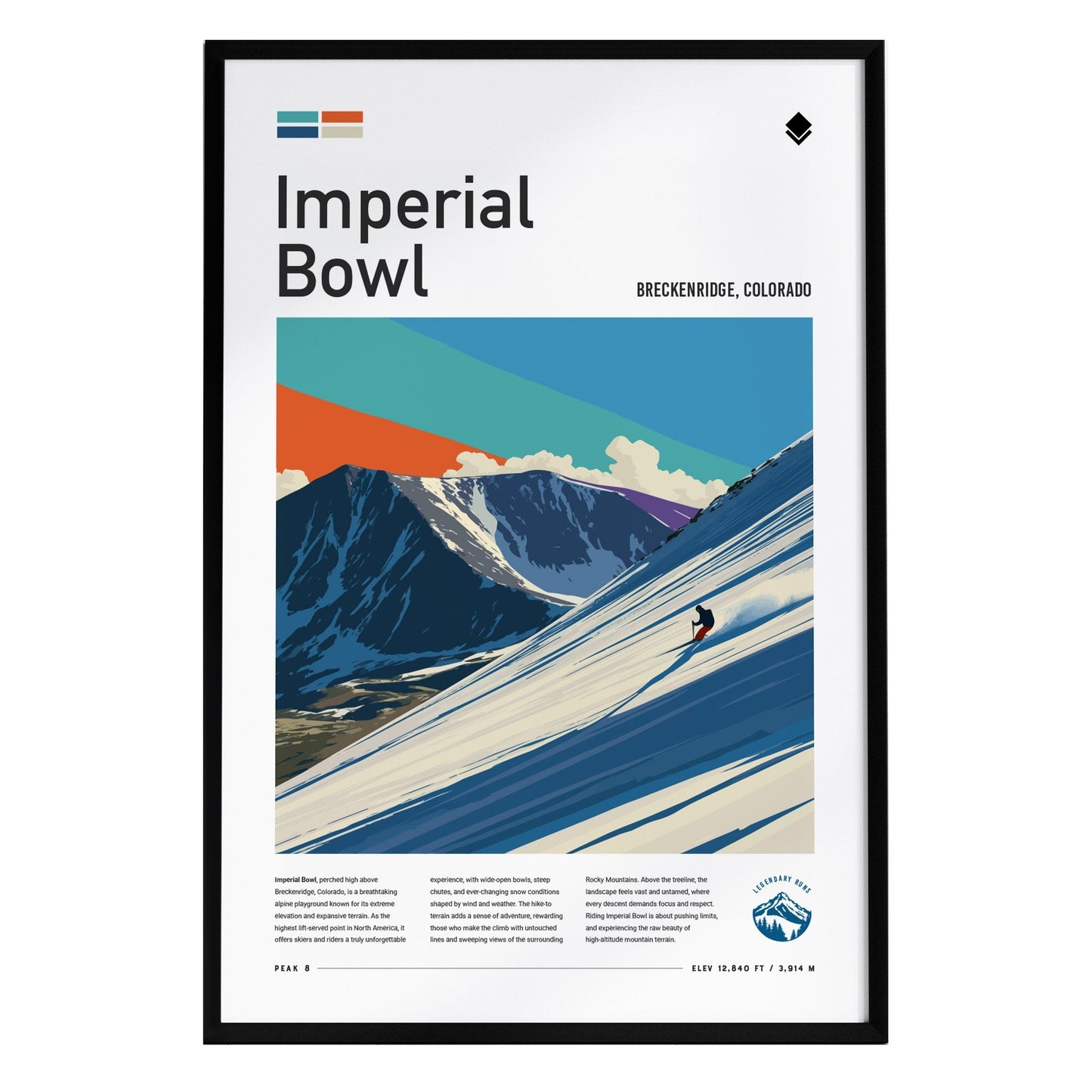A framed poster titled Imperial Bowl featuring a skier navigating a snowy slope in Breckenridge, Colorado. The vibrant artwork showcases colorful mountain peaks and a clear blue sky, capturing the essence of winter sports in the Rockies.