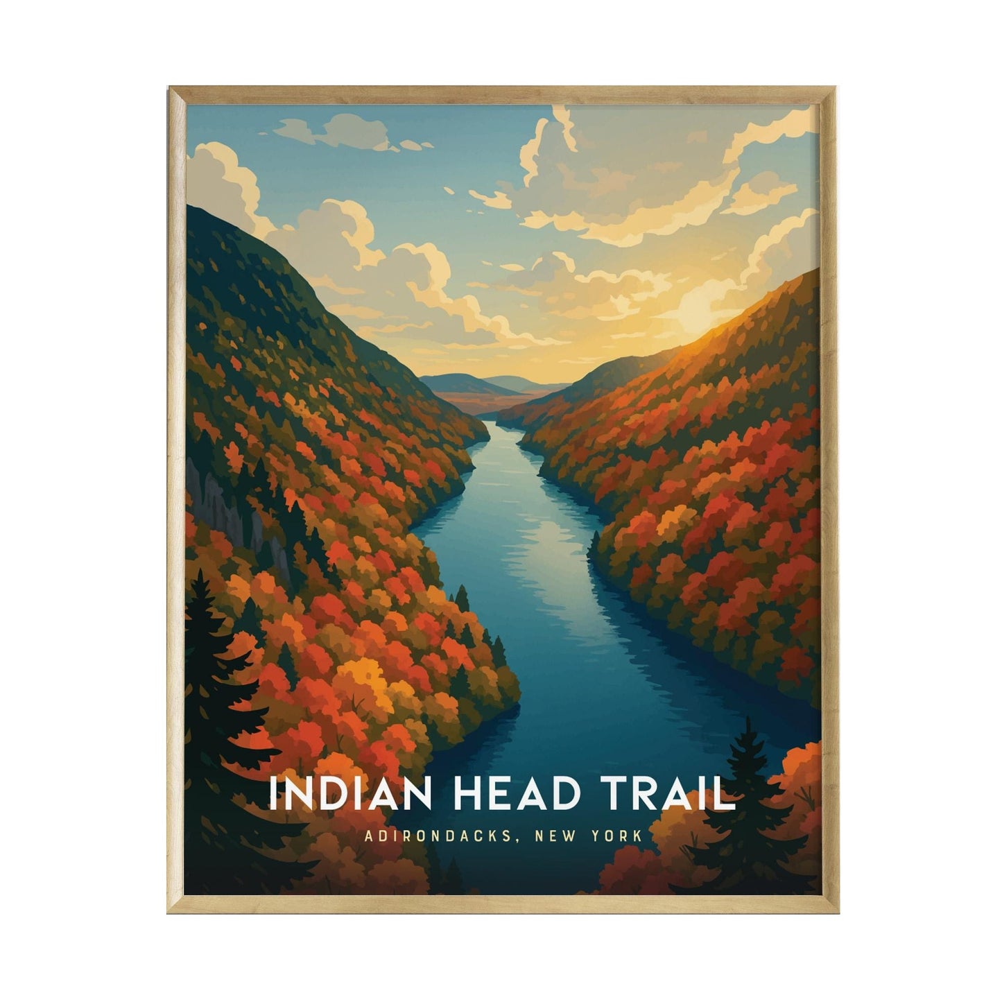 A vibrant poster depicting the Indian Head Trail in the Adirondacks, New York, showcases a stunning sunset over a winding river flanked by colorful autumn foliage and layered ridgelines.
