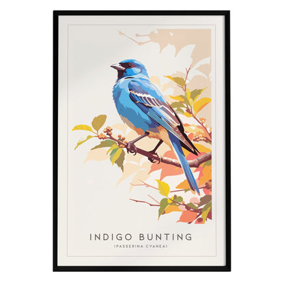A vibrant art print of an indigo bunting, showcasing its striking blue plumage and perched on a branch surrounded by colorful leaves. The modern illustration features the birds name and scientific classification at the bottom.