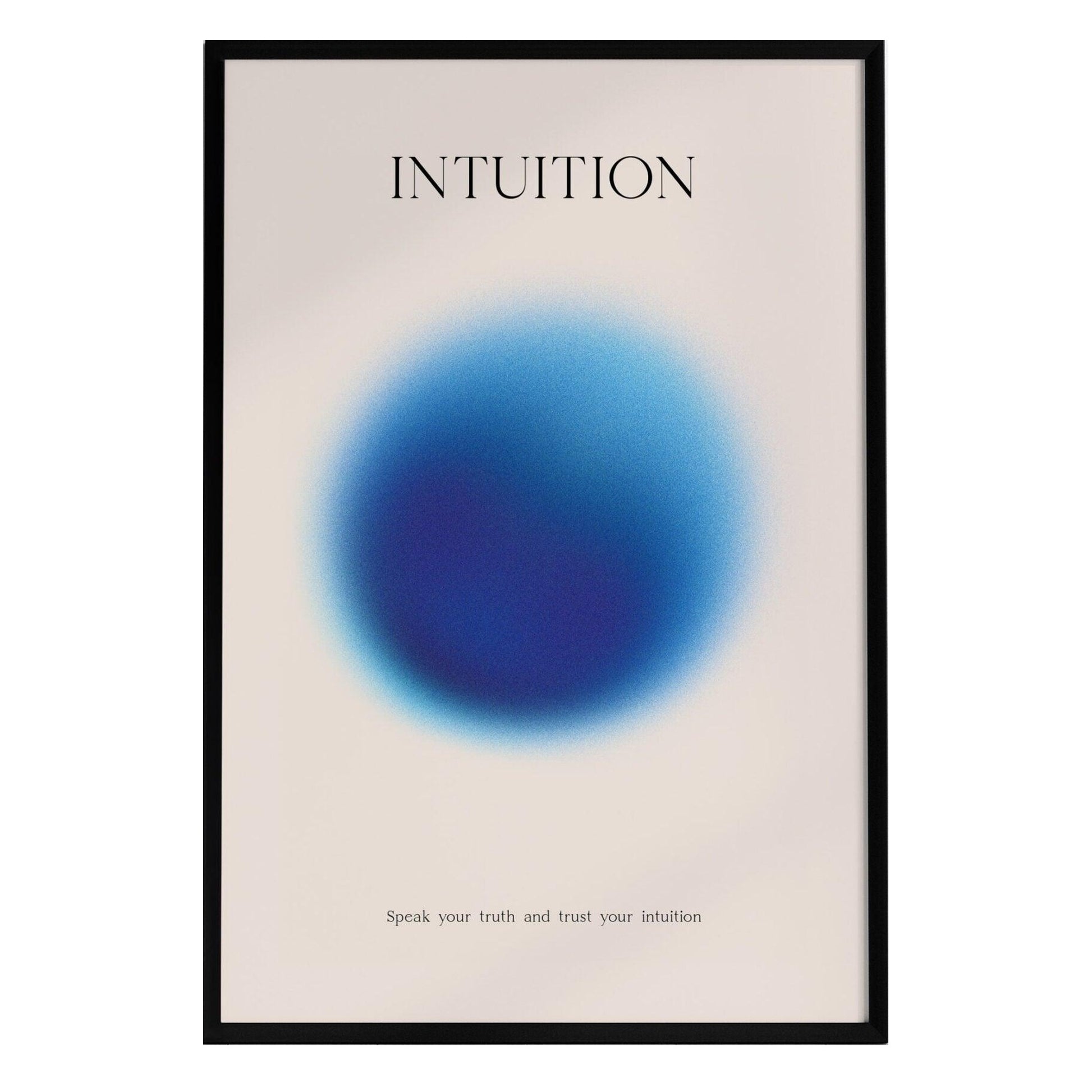 A minimalist poster featuring the word INTUITION at the top in a simple font, with a large blue gradient circle in the center.