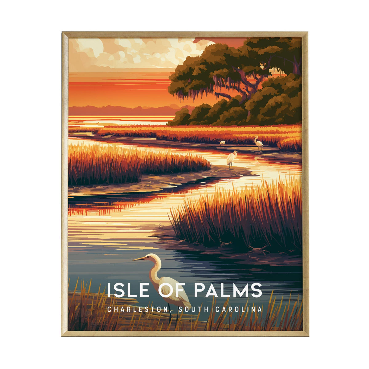 A vibrant poster depicting the scenic beauty of Isle of Palms, South Carolina, featuring tall grasses and tranquil waters at sunset. The illustration includes a heron standing in the water, framed by lush trees and a colorful sky.