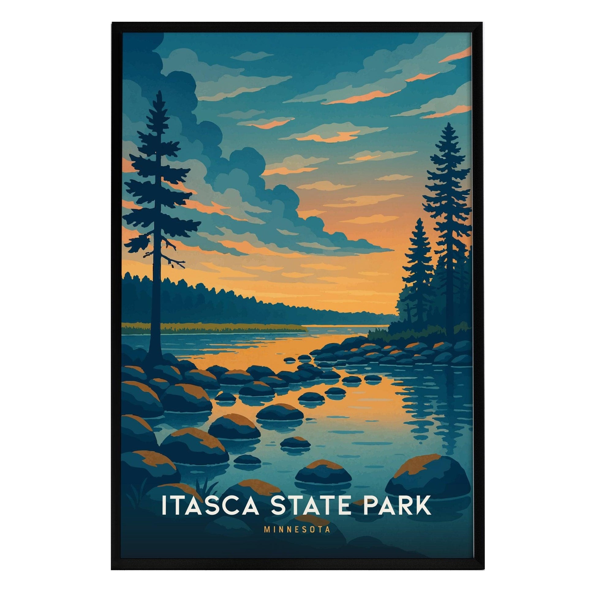 A vibrant illustration of Itasca State Park features a serene lake at sunset, with tall pine trees lining the shoreline and smooth boulders scattered along the waters edge.