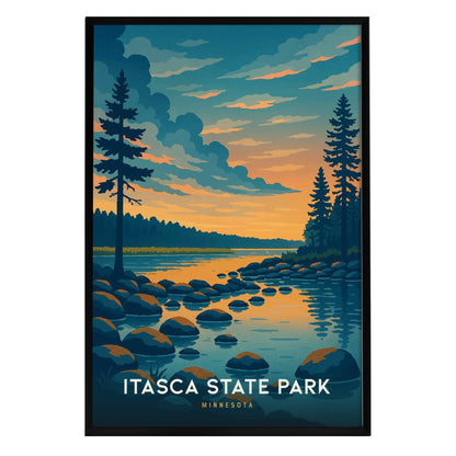A vibrant illustration of Itasca State Park features a serene lake at sunset, with tall pine trees lining the shoreline and smooth boulders scattered along the waters edge.