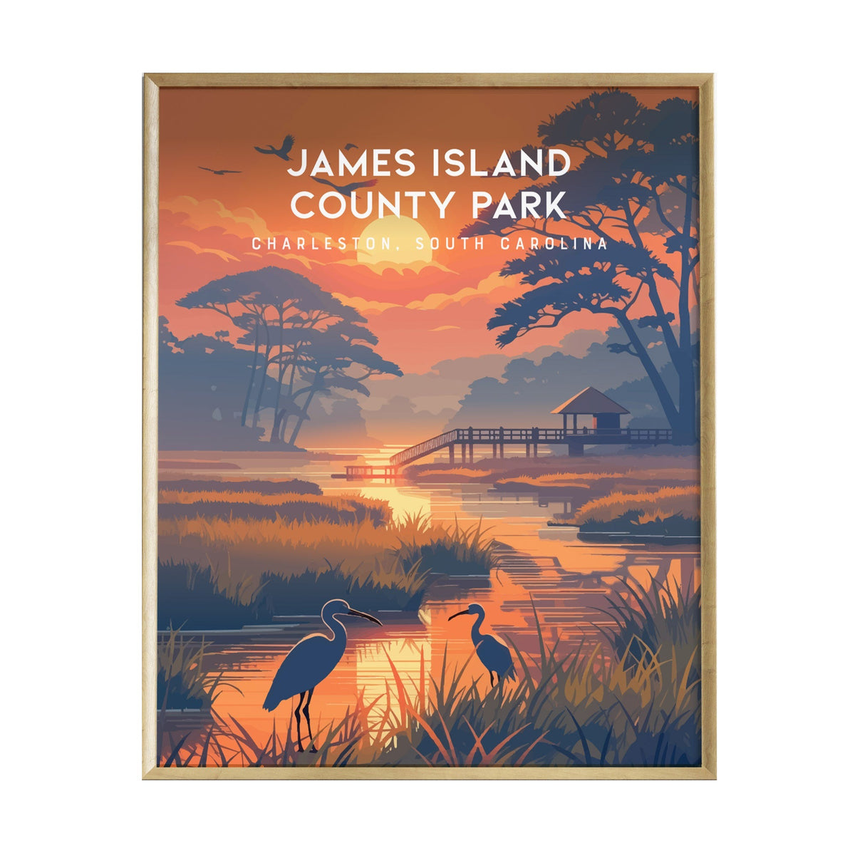 A vibrant poster featuring James Island County Park in Charleston, South Carolina, showcases a serene sunset over a marsh landscape.