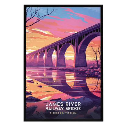 A colorful poster of the James River Railway Bridge in Richmond, Virginia, featuring a vibrant sunset with shades of pink, purple, and orange.