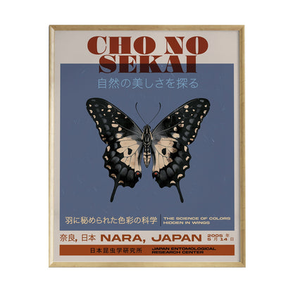 A beautifully designed poster titled Chō no Sekai features a detailed illustration of a butterfly against a muted background.