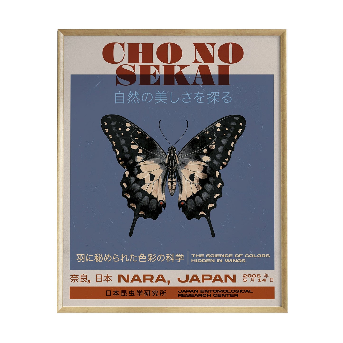 A framed poster titled Chō no Sekai features a detailed illustration of a butterfly with elaborate wing patterns. The background includes Japanese text and information about a science exhibition held in Nara, Japan, in 2005.