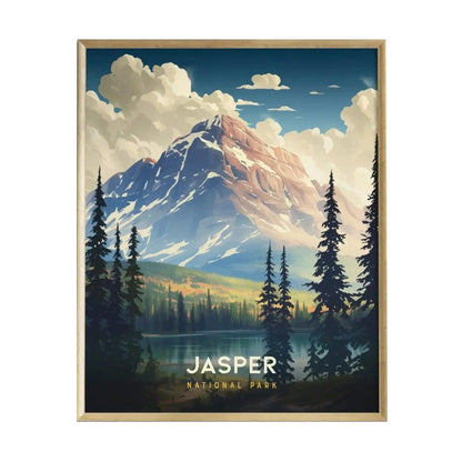 A beautifully illustrated poster of Jasper National Park features a majestic mountain peak surrounded by lush evergreen trees and a tranquil lake.