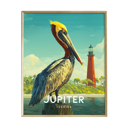A vibrant illustration of a brown pelican with a striking yellow crest stands prominently in the foreground, while the iconic red Jupiter Inlet Lighthouse is visible in the background.