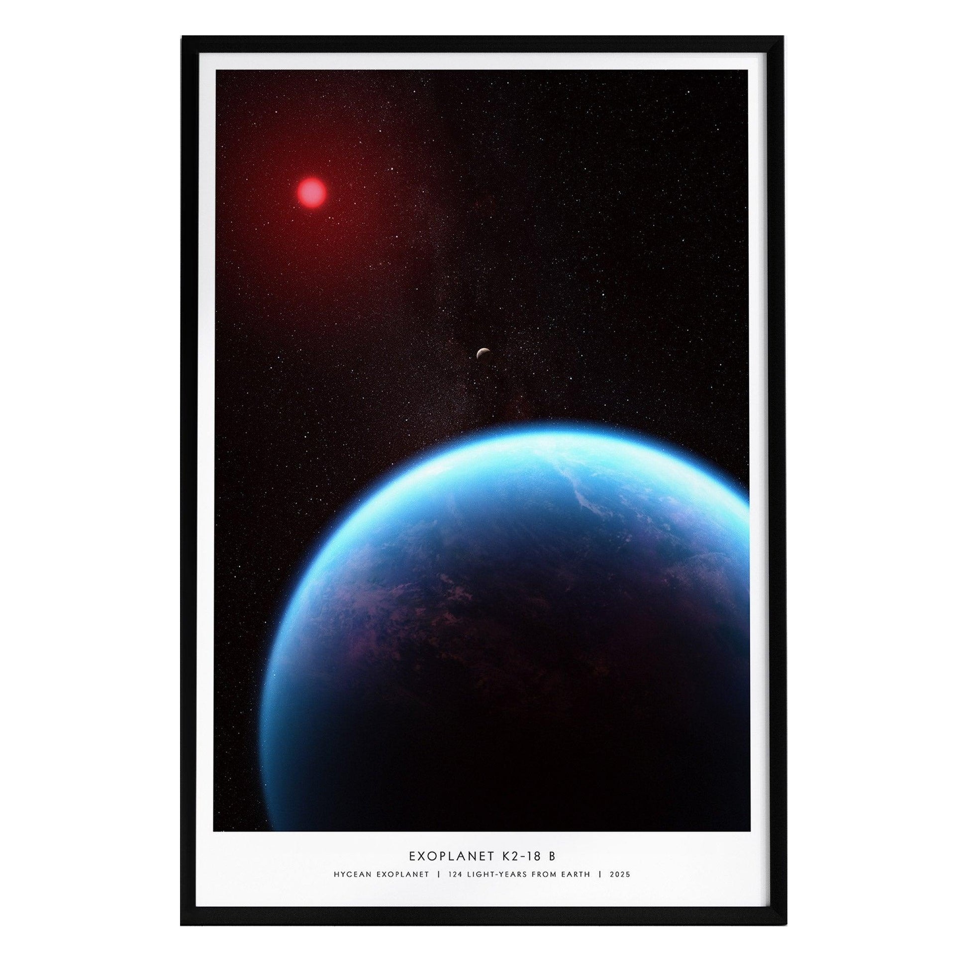 A vibrant poster featuring the exoplanet K2-18 b, showcasing a blue and teal planet with a glowing atmosphere against a dark cosmic background. A bright red star is visible in the upper left corner, emphasizing the space theme.
