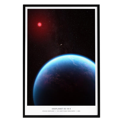 A vibrant poster featuring the exoplanet K2-18 b, showcasing a blue and teal planet with a glowing atmosphere against a dark cosmic background. A bright red star is visible in the upper left corner, emphasizing the space theme.