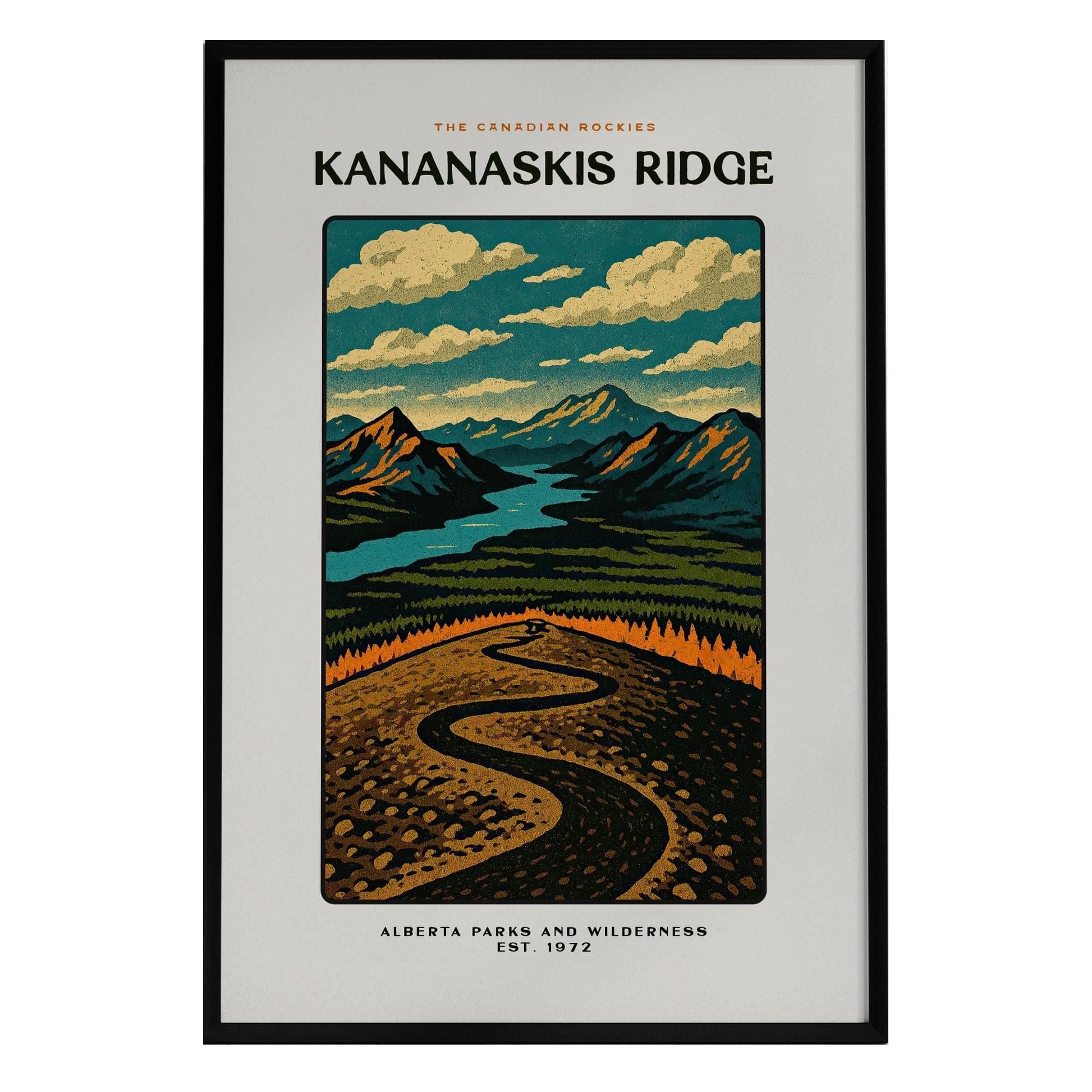 A vintage-style poster featuring Kananaskis Ridge, showcasing stylized mountain peaks and a winding trail leading down to a turquoise river valley.