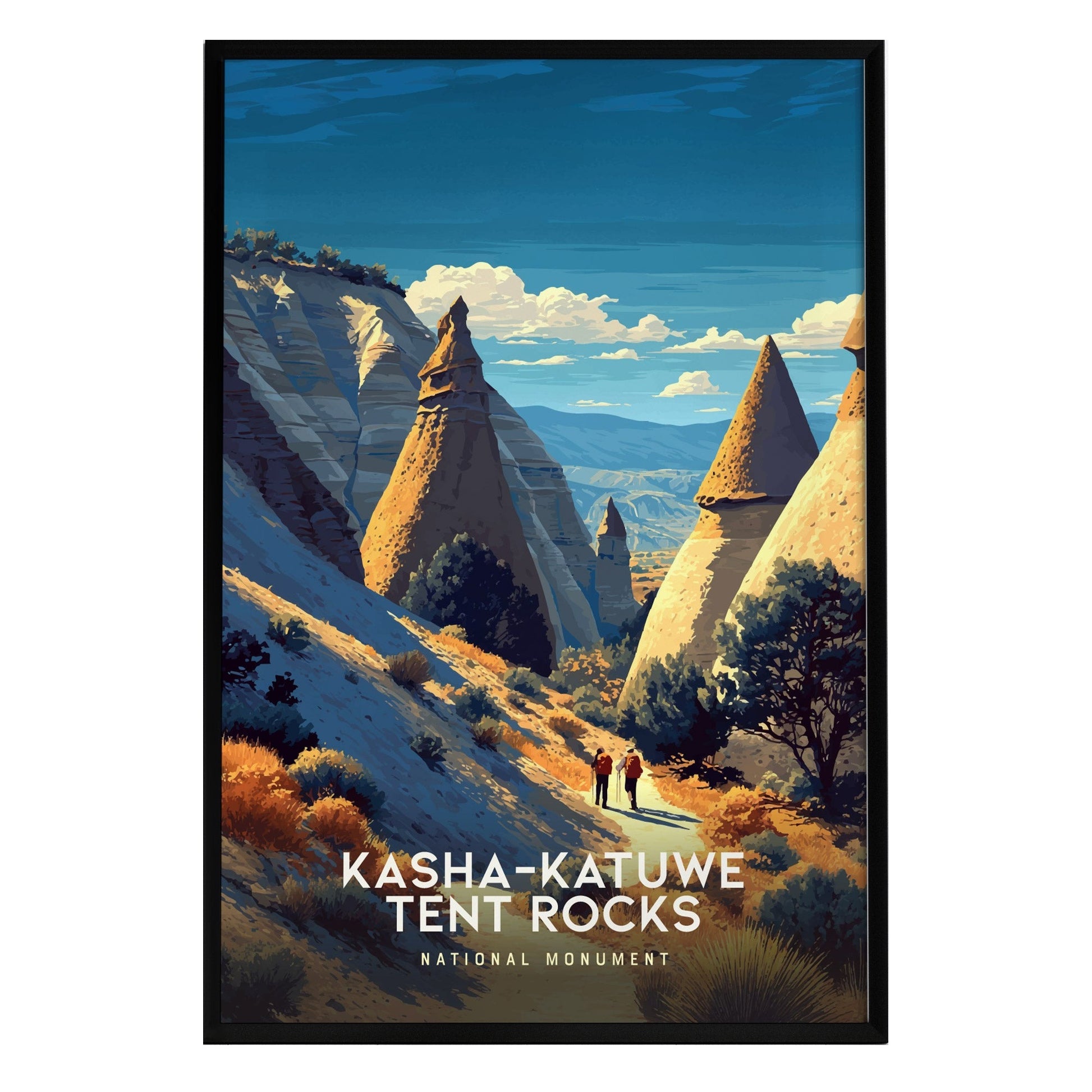 A vintage-inspired poster of Kasha-Katuwe Tent Rocks features striking cone-shaped rock formations against a vibrant blue sky. Two small figures are seen walking along a path, surrounded by desert vegetation and scenic cliffs.