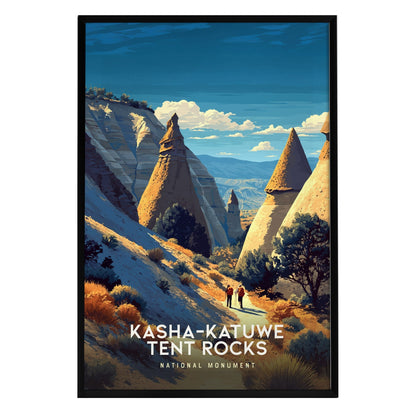 A vintage-inspired poster of Kasha-Katuwe Tent Rocks features striking cone-shaped rock formations against a vibrant blue sky. Two small figures are seen walking along a path, surrounded by desert vegetation and scenic cliffs.