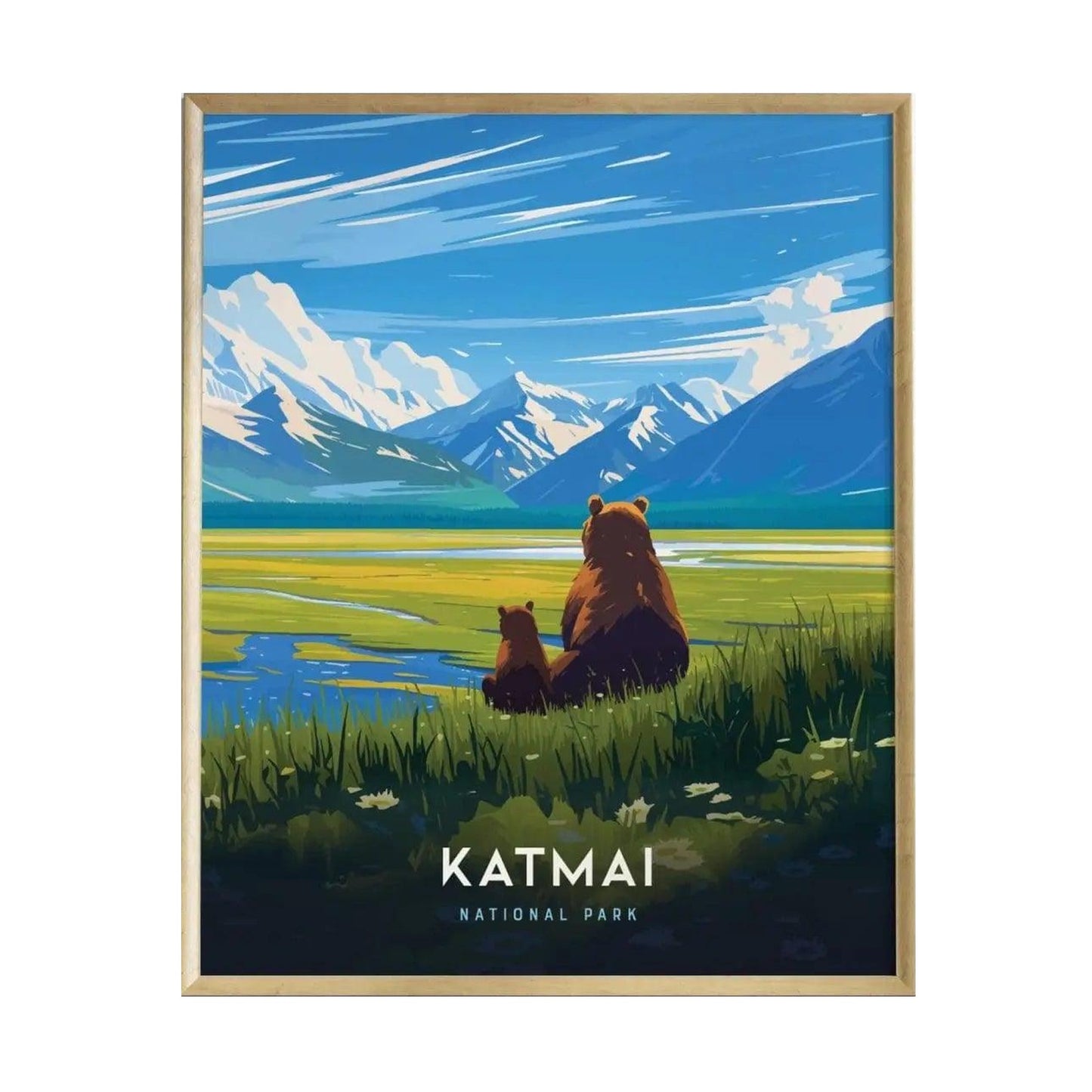 A colorful illustration of two brown bears sitting by a serene lake at Katmai National Park, surrounded by lush green grass and majestic mountains under a blue sky.