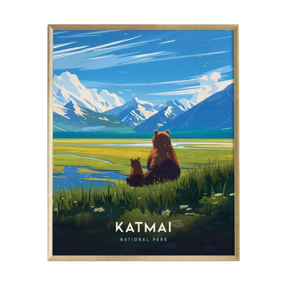 A colorful illustration of two brown bears sitting by a serene lake at Katmai National Park, surrounded by lush green grass and majestic mountains under a blue sky.