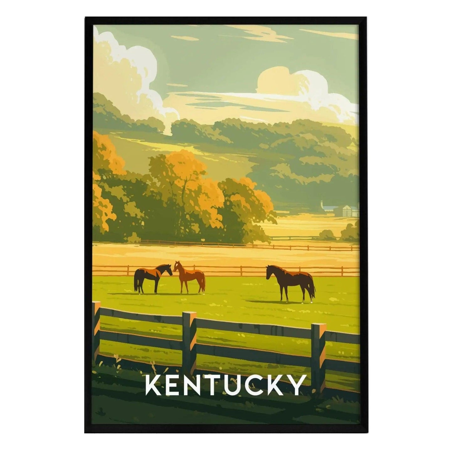 A vibrant illustration of a Kentucky landscape featuring two horses grazing in a lush green pasture, framed by a classic black fence.