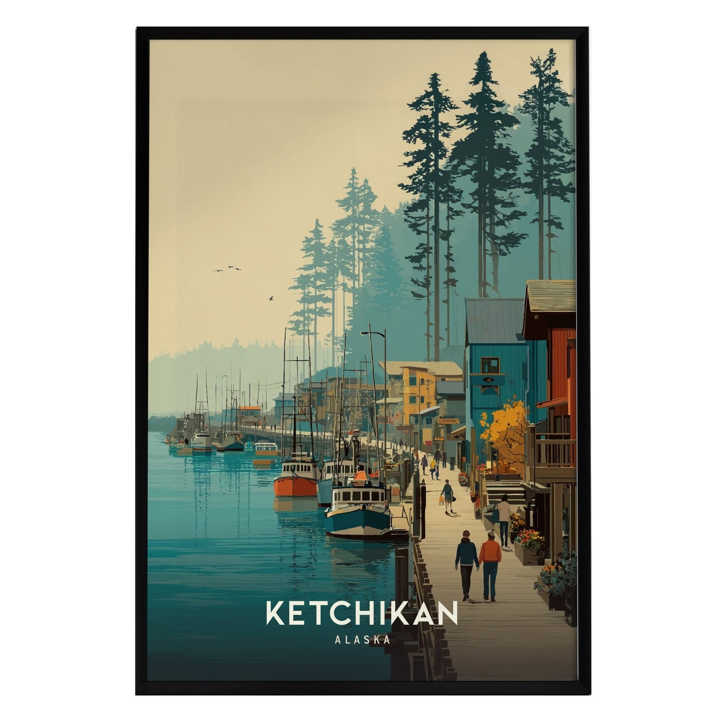 A vibrant illustration of Ketchikan, Alaska, featuring a picturesque waterfront scene with boats docked alongside colorful wooden buildings. Towering pine trees loom in the background, creating a serene coastal atmosphere.