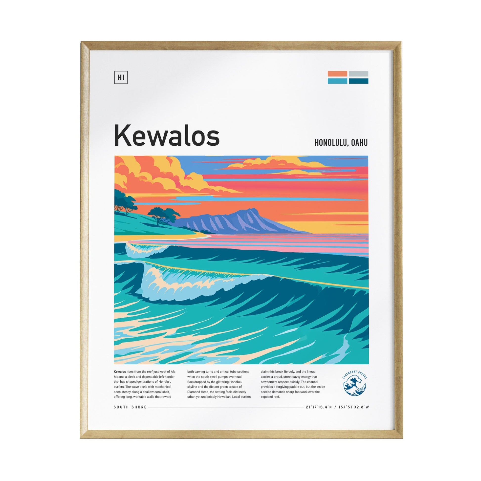 A framed poster titled Kewalos features a vibrant illustration of a surfer riding a wave with Diamond Head in the background. The scene is set against a colorful sunset, capturing the essence of Hawaiis surf culture.