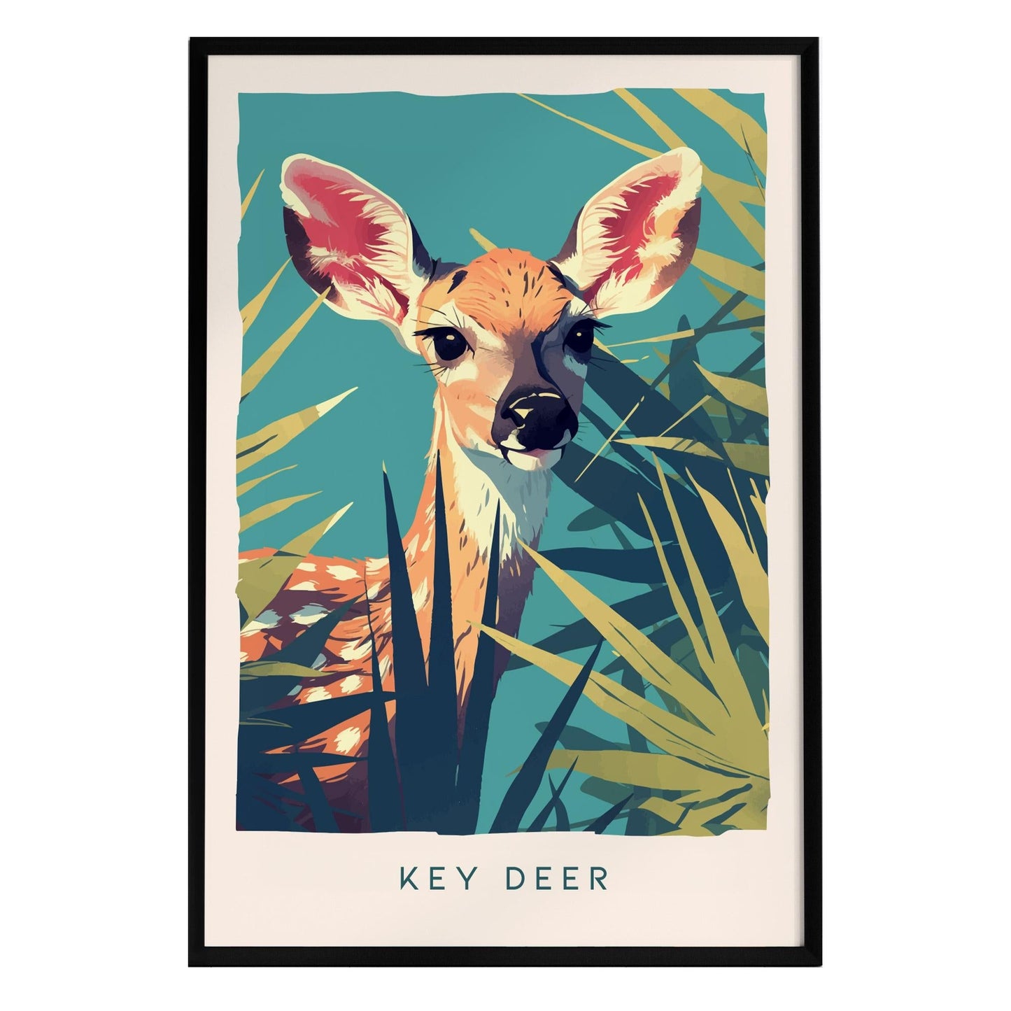 A vibrant illustration of a Key Deer peeking through tropical foliage, showcasing its distinctive features and expressive eyes. The artwork is framed and includes the text KEY DEER at the bottom, highlighting this endangered species.
