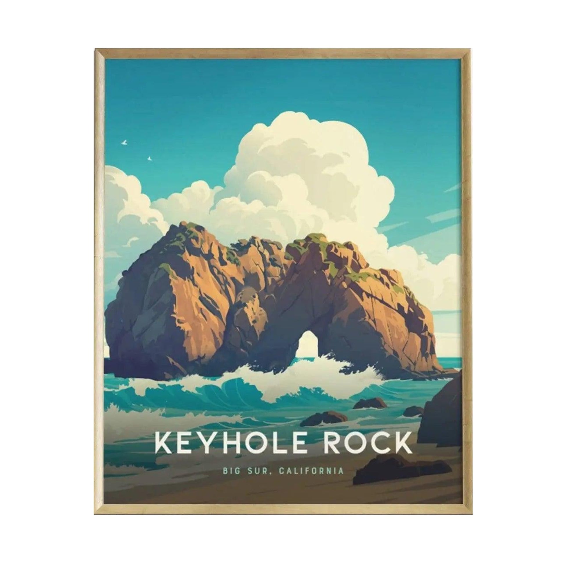 A vibrant illustration of Keyhole Rock, a natural rock formation on the Big Sur coast, showcases an arch with waves crashing against it. The backdrop features a bright blue sky with fluffy clouds, enhancing the coastal scenery.