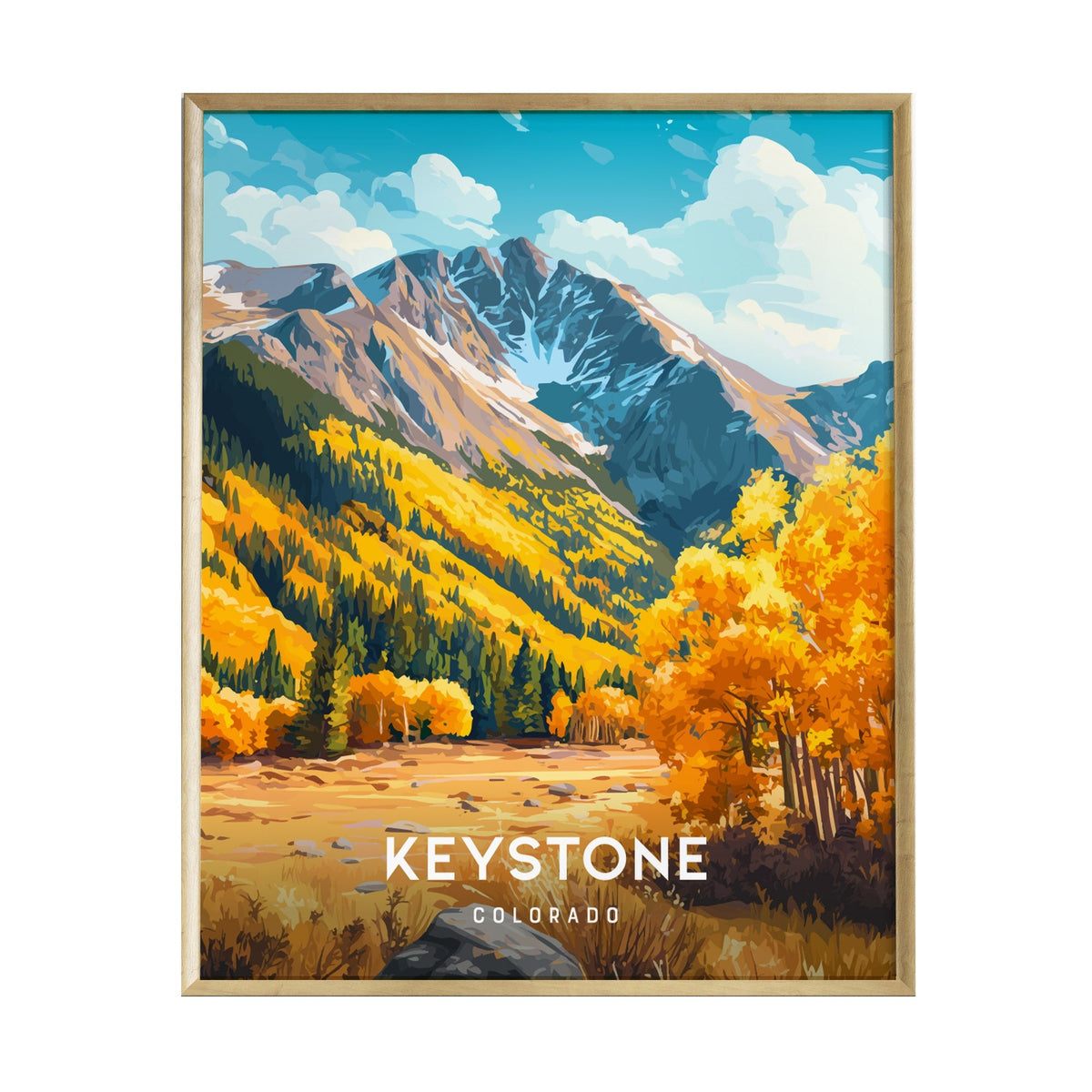 Vibrant poster showcasing a picturesque landscape of Keystone, Colorado, featuring majestic mountains with snow-capped peaks and golden autumn foliage.