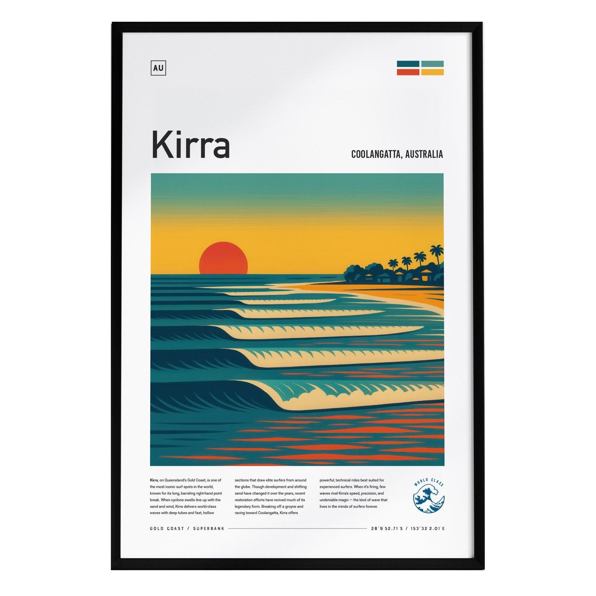 A framed poster titled Kirra showcases a vibrant sunset over rolling waves at Coolangatta, Australia. The design features stylized ocean lines and palm trees, embodying the essence of the Gold Coast surf culture.