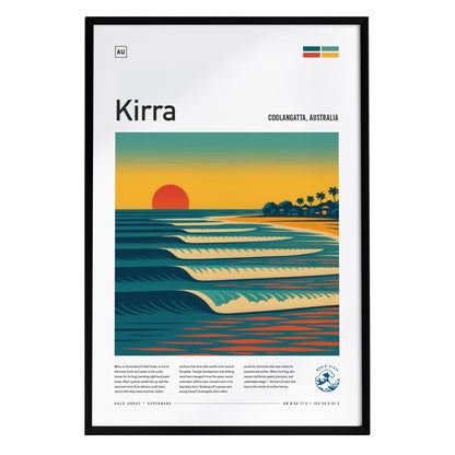 A framed poster titled Kirra showcases a vibrant sunset over rolling waves at Coolangatta, Australia. The design features stylized ocean lines and palm trees, embodying the essence of the Gold Coast surf culture.