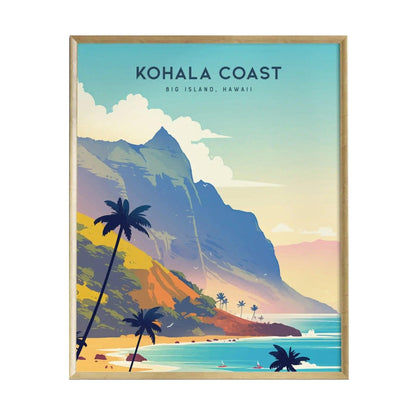 A vibrant poster featuring the Kohala Coast on the Big Island of Hawaii, showcasing colorful cliffs and lush green mountains under a pastel sky. Palm trees line the sandy beach, creating a serene tropical atmosphere.
