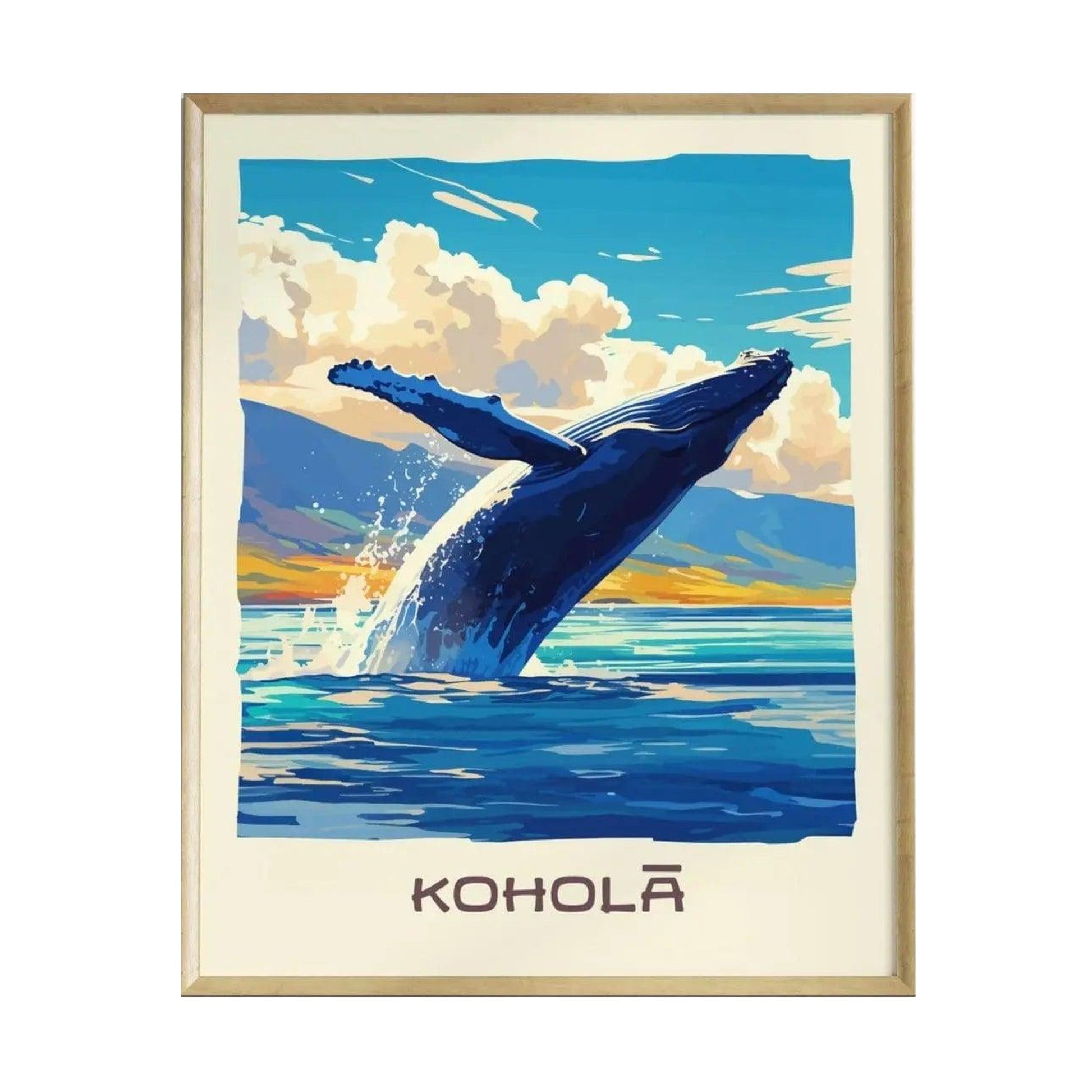 A vibrant poster featuring a breaching humpback whale against a backdrop of sunlit Pacific waters and a distant island horizon. The artwork is framed and prominently displays the word KOHOLA at the bottom, celebrating Hawaiian marine life.