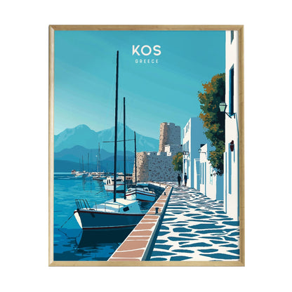 A vibrant poster depicting a serene harbor scene in Kos, Greece, featuring whitewashed buildings, fishing boats, and a backdrop of mountains.