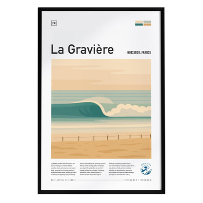 A framed poster features a stylized illustration of La Gravière, a surf spot in Hossegor, France. The design showcases a smooth wave against a pastel sky, with text highlighting the location and surf culture.