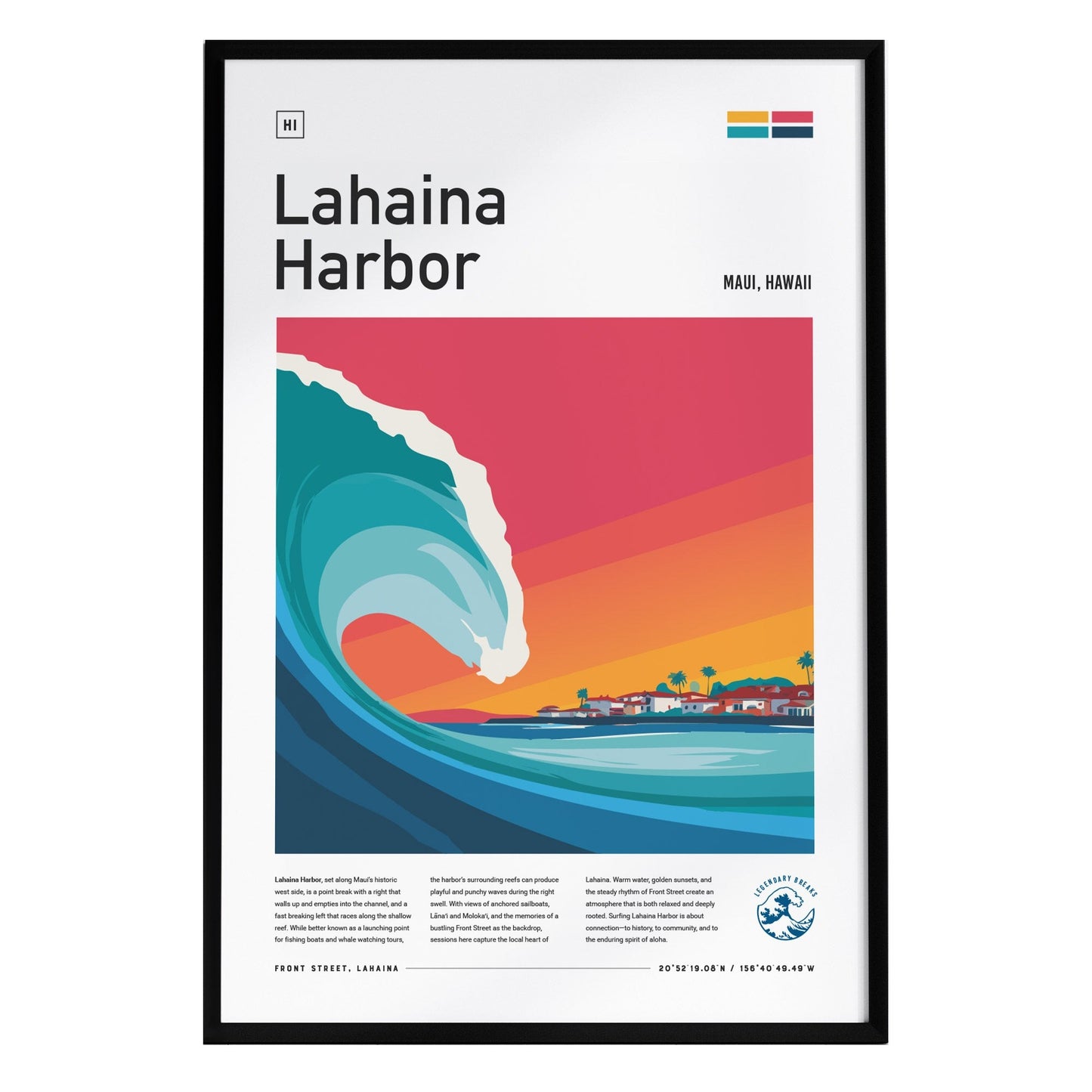 A framed poster titled Lahaina Harbor showcases a vibrant illustration of a large, curling wave in shades of teal, set against a sunset backdrop featuring orange.
