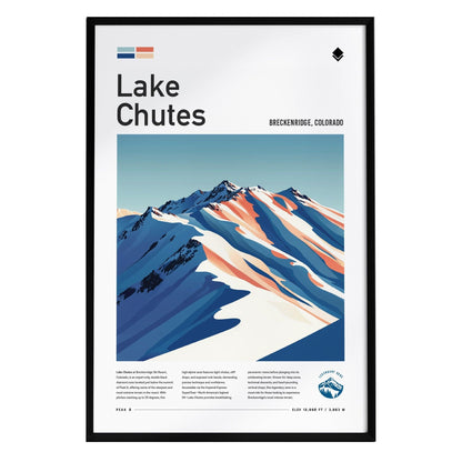 A framed poster titled Lake Chutes showcases a stylized illustration of snowy mountain peaks in Breckenridge, Colorado. The design features vibrant colors and graphic lines, emphasizing the steep terrain and alpine beauty.