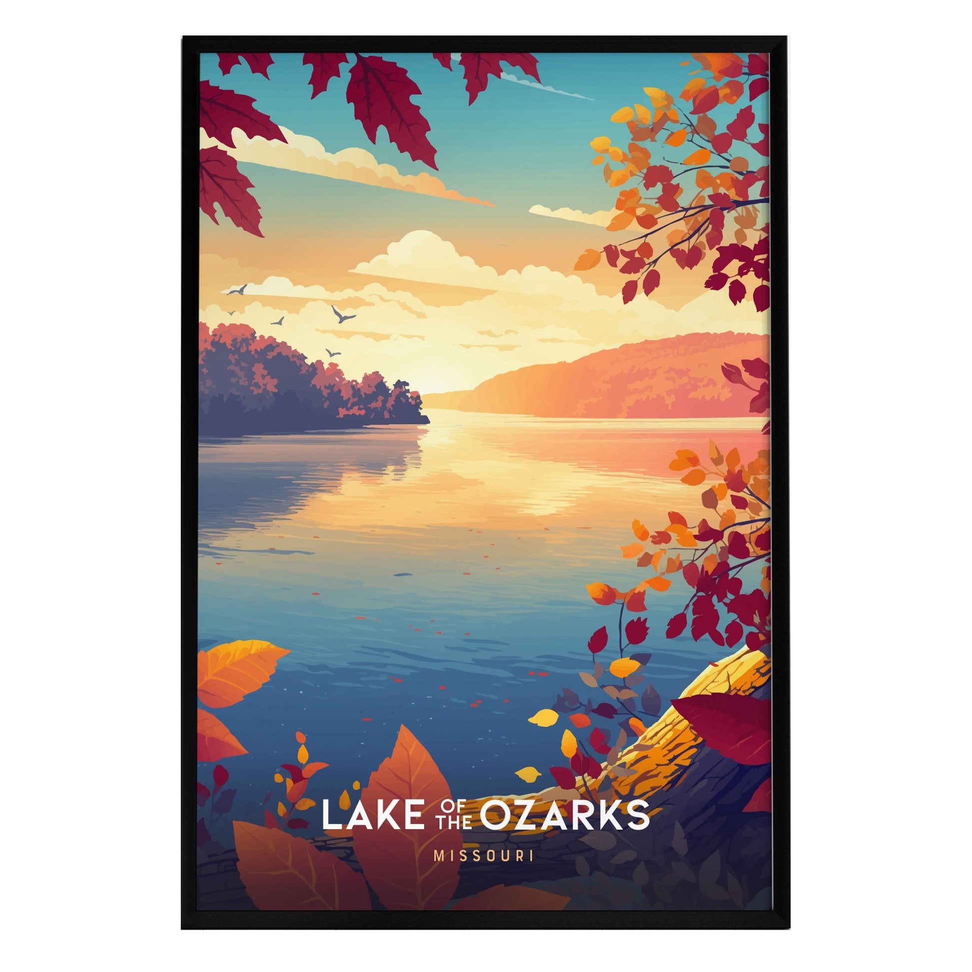 A vibrant framed travel print of Lake of the Ozarks showcases a serene autumn landscape, featuring colorful leaves in shades of orange, red, and yellow. The calm water reflects the warm hues of the sky, creating a tranquil atmosphere.