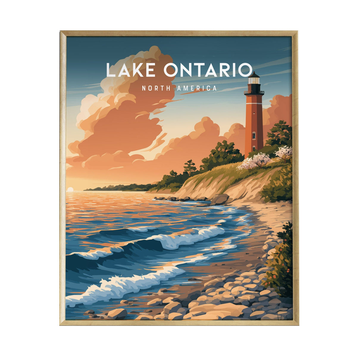 A vibrant illustration of Lake Ontario features a rocky shoreline with gentle waves, a lighthouse standing tall against a colorful sunset, and lush greenery surrounding the scene.