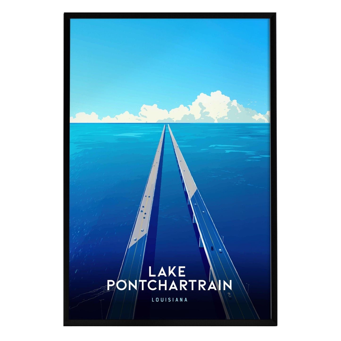 A stylized poster of Lake Pontchartrain showcases a long bridge extending into a vibrant blue lake under a bright blue sky with fluffy white clouds.