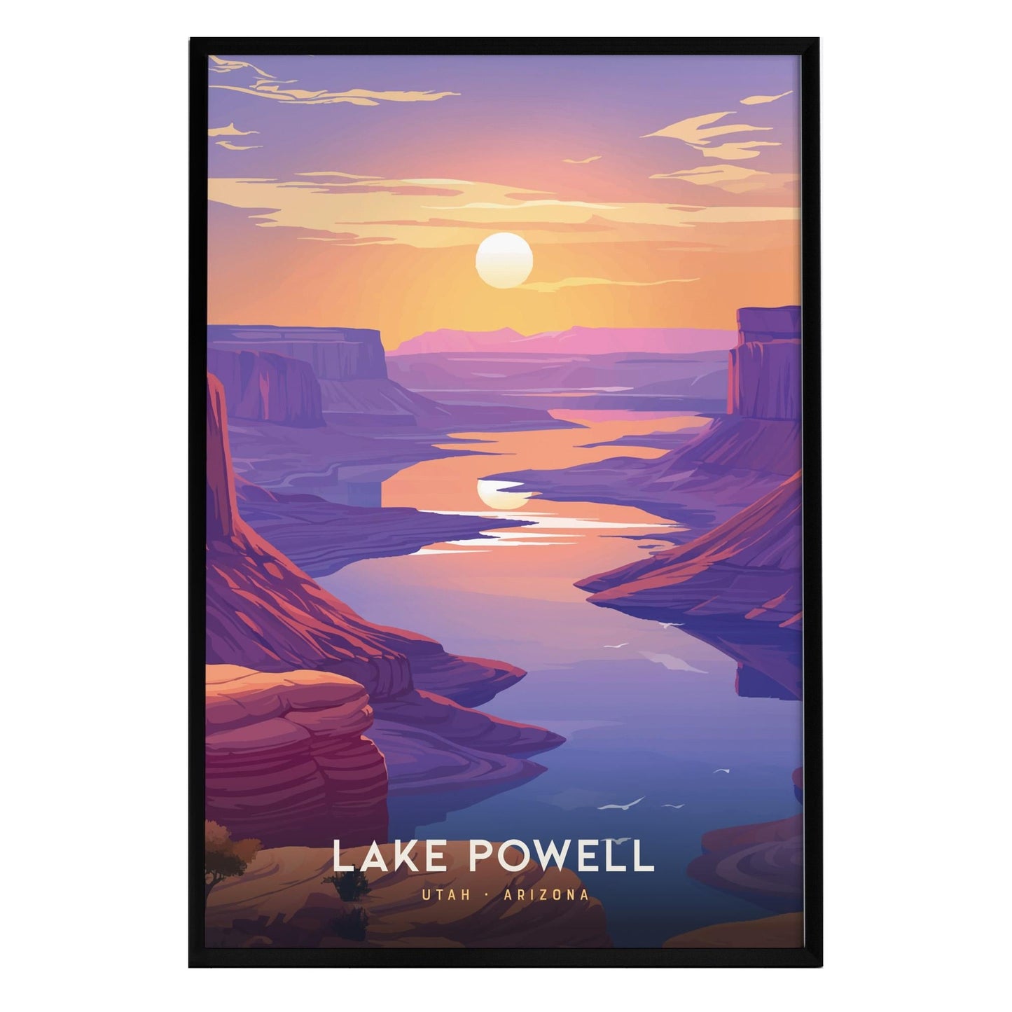 A vibrant Lake Powell poster featuring a stunning sunset over the canyon landscape, with sandstone buttes and calm blue water reflecting the warm colors of the sky. The bottom of the poster displays the text Lake Powell | Utah - Arizona.
