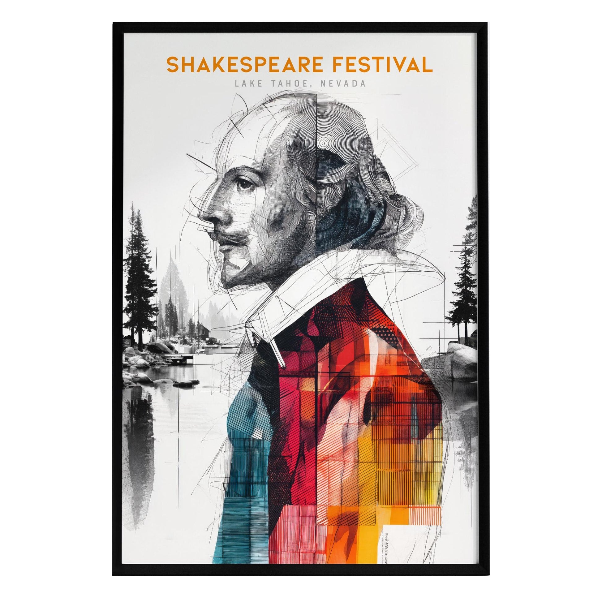 An artistic poster featuring a stylized portrait of William Shakespeare, blending colors and geometric shapes, with the text Shakespeare Festival prominently displayed at the top.