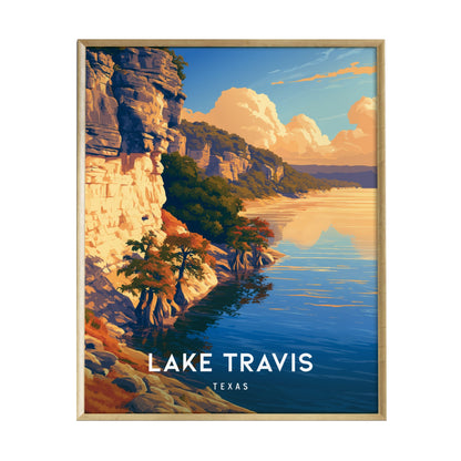 A vibrant illustration of Lake Travis, Texas, showcases limestone cliffs bathed in warm golden light, reflecting in the calm turquoise waters.