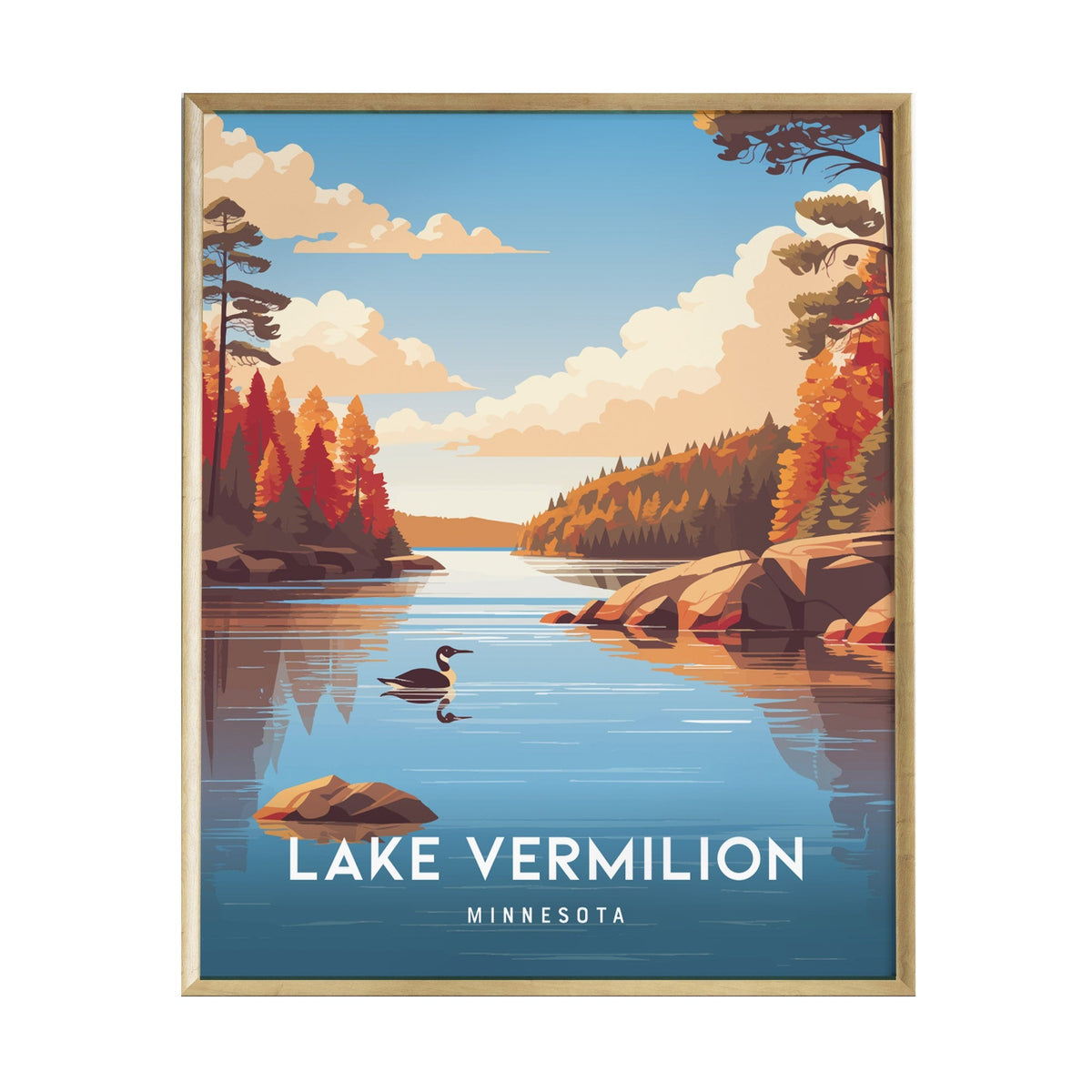 A vibrant poster featuring Lake Vermilion in Minnesota, showcasing serene waters framed by colorful autumn trees and rocky shores. The scene includes a lone duck swimming peacefully, with the title Lake Vermilion prominently displayed.