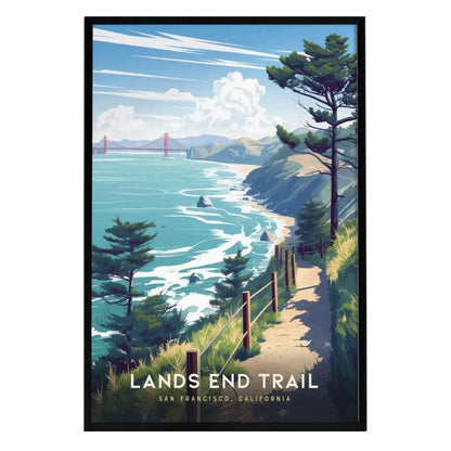 A vibrant illustration of the Lands End Trail in San Francisco, showcasing lush green trees, rugged coastal cliffs, and a serene ocean view.