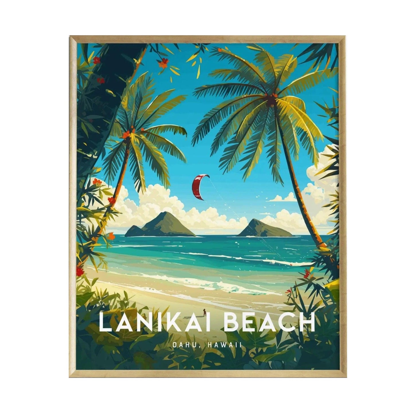 A vibrant poster featuring Lanikai Beach in Oahu, Hawaii, showcases powdery sand, clear turquoise waters, and palm trees swaying in the breeze. The Mokulua islets are visible in the background, enhancing the tropical scene.