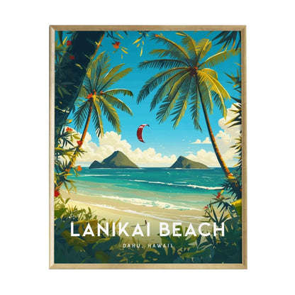 A vibrant poster featuring Lanikai Beach in Oahu, Hawaii, showcases powdery sand, clear turquoise waters, and palm trees swaying in the breeze. The Mokulua islets are visible in the background, enhancing the tropical scene.