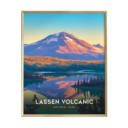 A colorful poster of Lassen Volcanic National Park featuring a stylized depiction of Lassen Peak surrounded by vibrant orange and blue hues. The serene lake reflects the mountain and trees, creating a tranquil landscape scene.