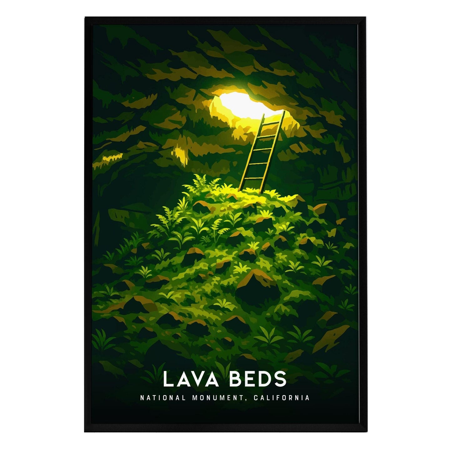 A vibrant poster of Lava Beds National Monument features a bright skylight illuminating a ladder leading into a lush, green cave filled with plants.