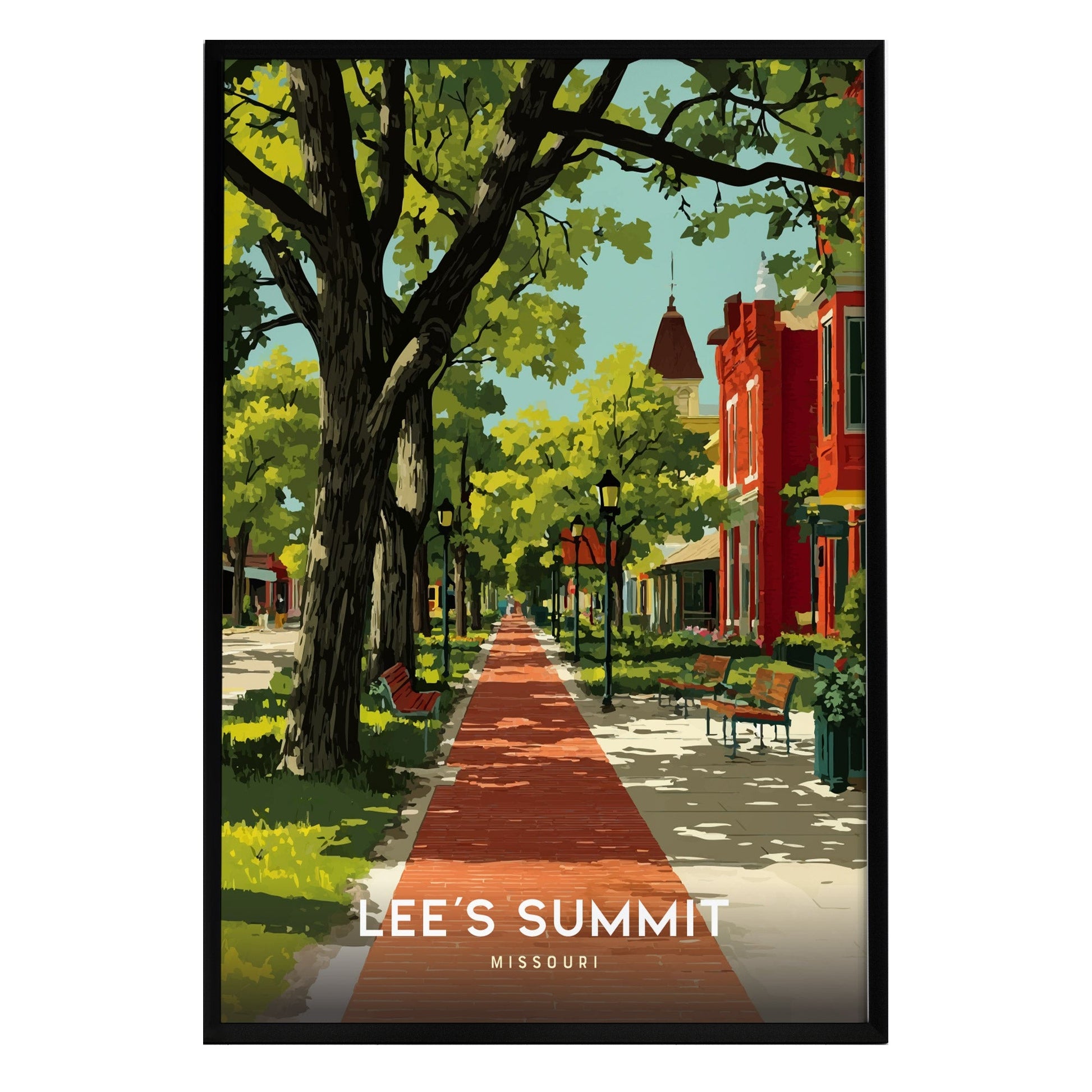 A vibrant illustration of Lees Summit, Missouri, featuring a red brick walkway lined with mature trees and classic streetlamps. Historic red brick storefronts are visible on either side, creating a charming small-town atmosphere.